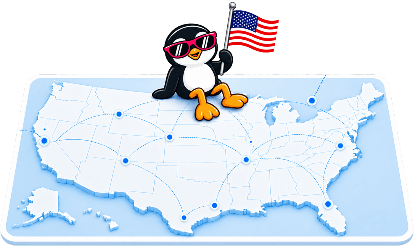 Map of the USA with Phonico's penguin mascot holding an American flag